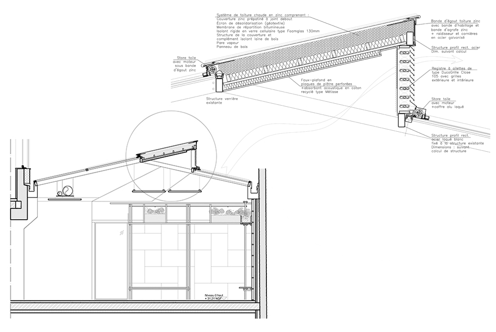 projet  Coupe et détail technique du shed de ventilation naturelle