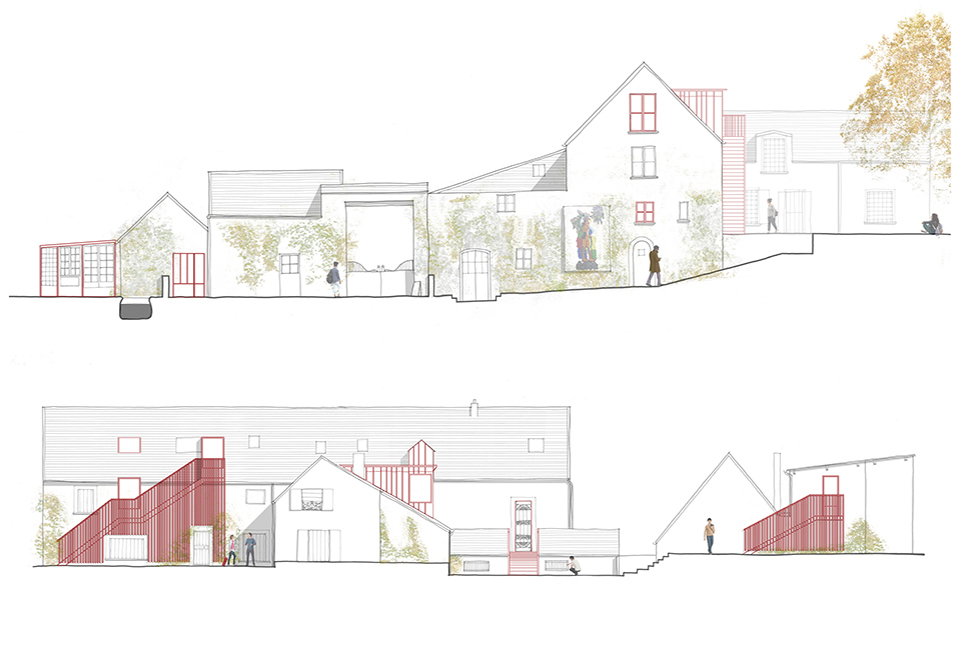 projet  Coupes sur l'entrée (en haut) et les façades arrières (en bas)